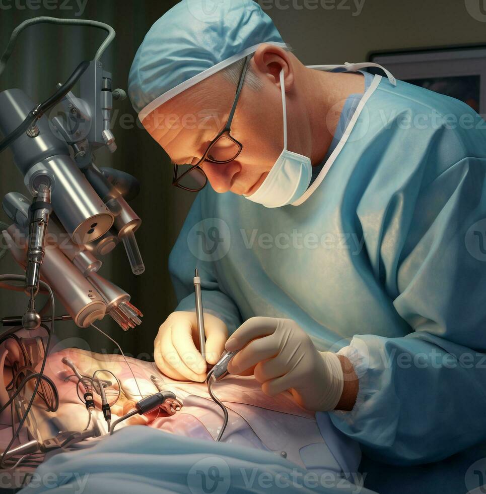 A surgeon using a robotic arm to perform a delicate operation, medical stock images photo