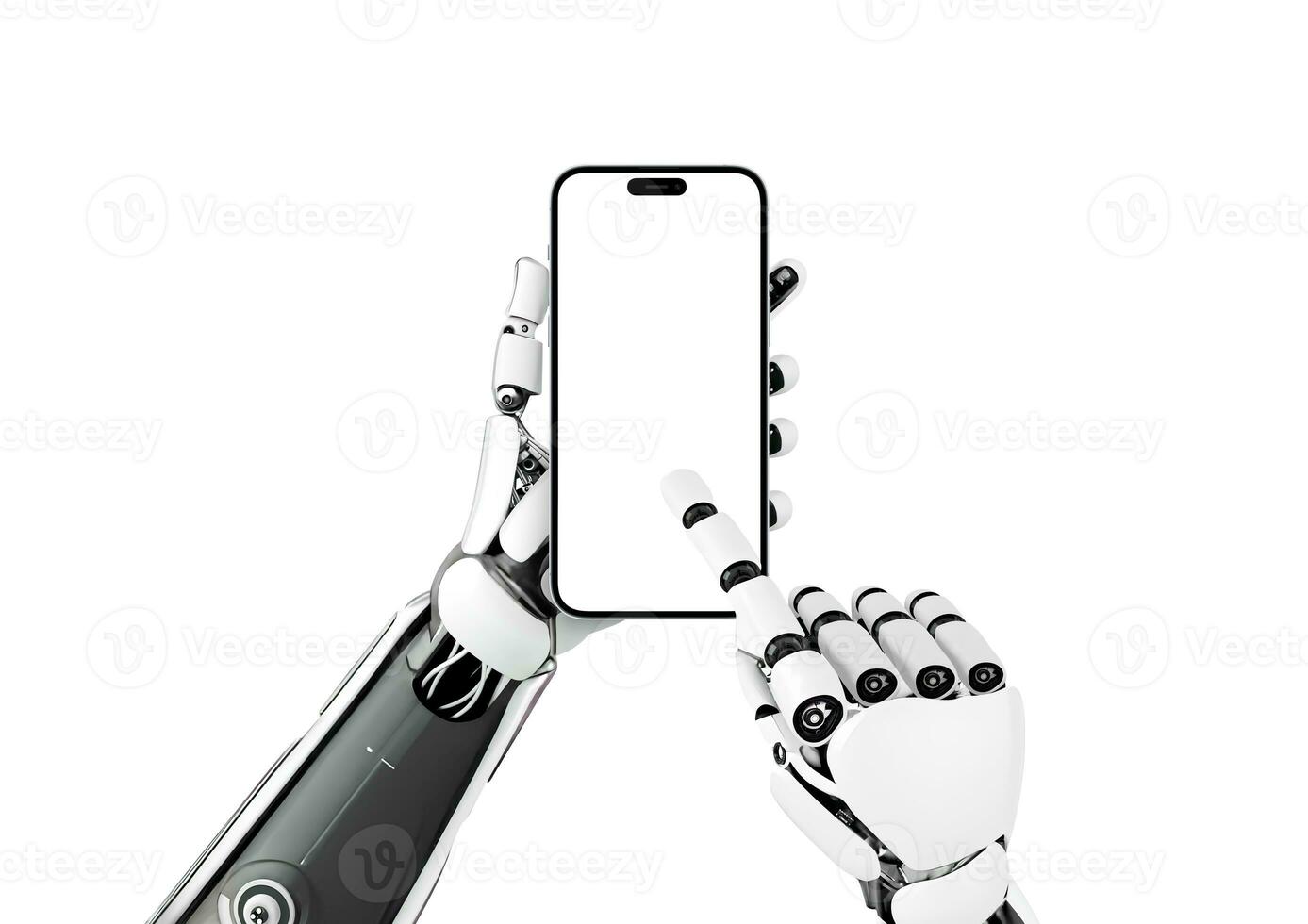 Robot holding smart phone and touch isolated display for mockup, app presentation. First person view. Isolated background photo