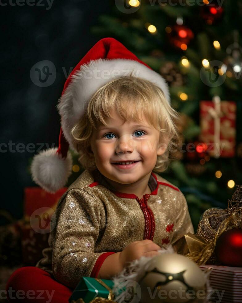 un retrato de un niño vestido en tradicional Navidad atuendo, Navidad imagen, fotorrealista ilustración foto