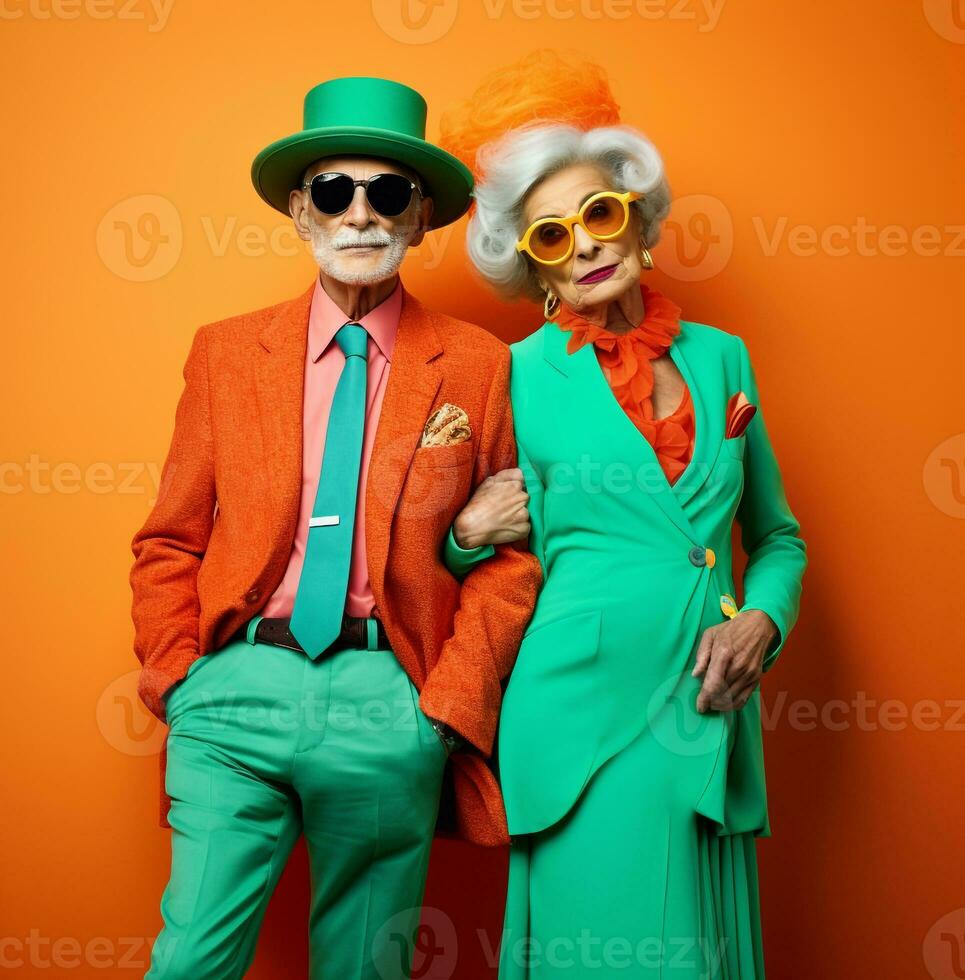 Two colourful older people who are posing together, modern aging stock images, ai generated aging images photo