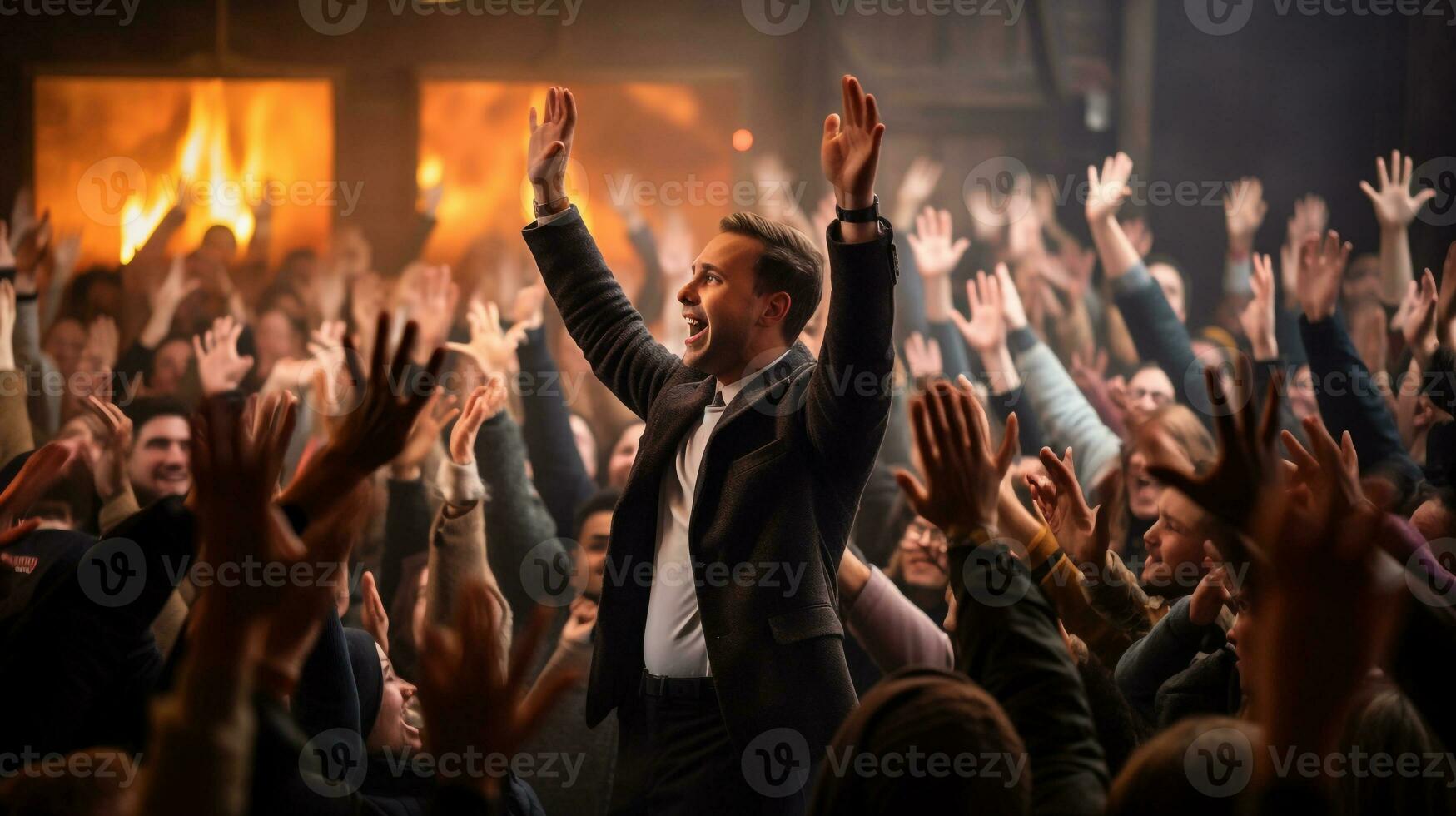 A person is standing in front of a crowd of people giving a speech, mental health images, photorealistic illustration photo