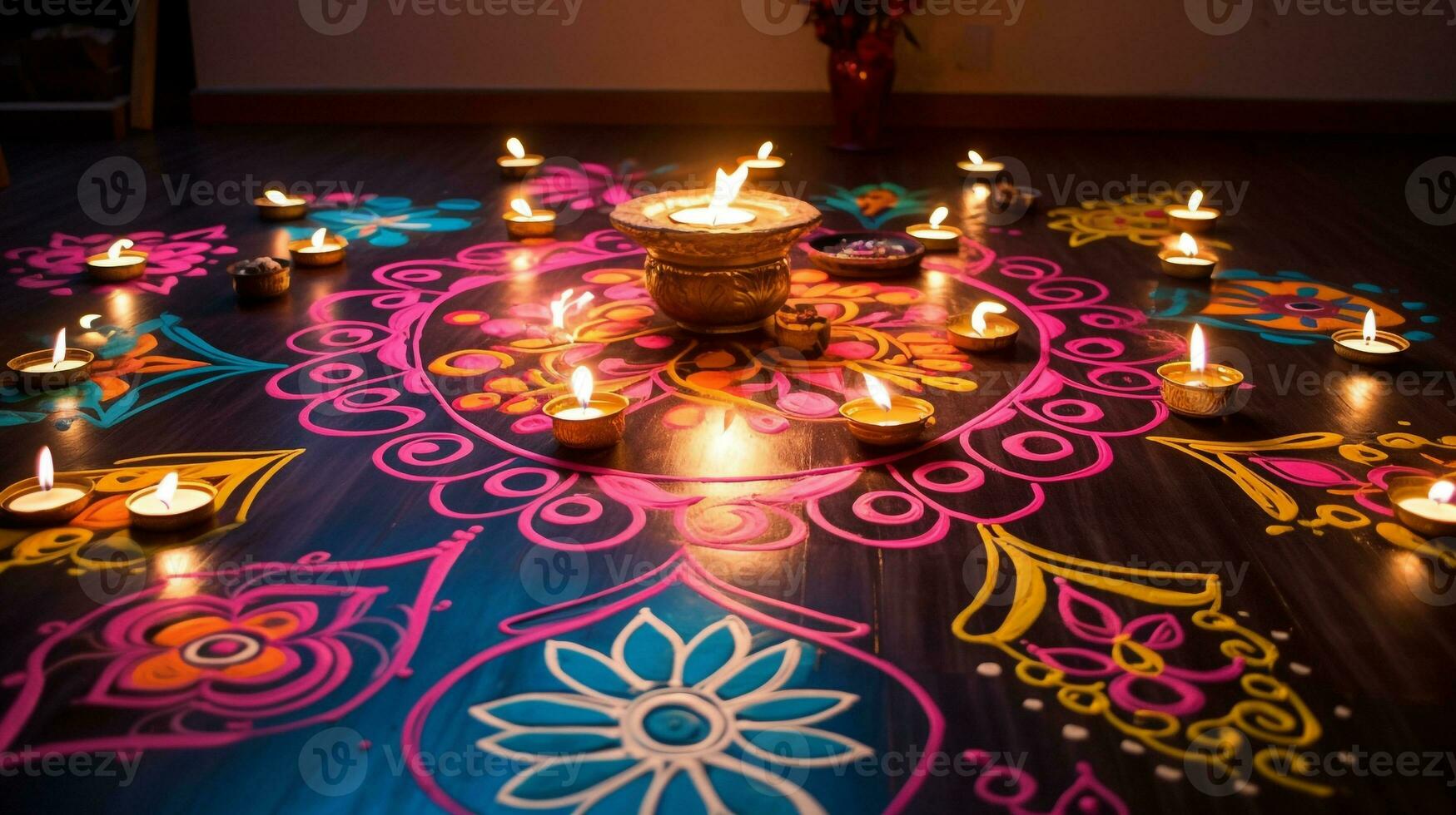 Colorful rangoli designs with candles on the floor, diwali stock images, realistic stock photos