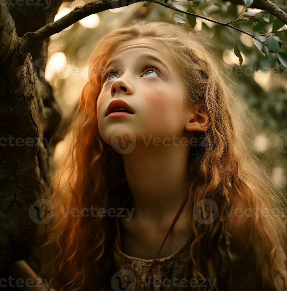 el niña es mirando arriba a el árbol su cara lleno con preguntarse, naturaleza valores foto