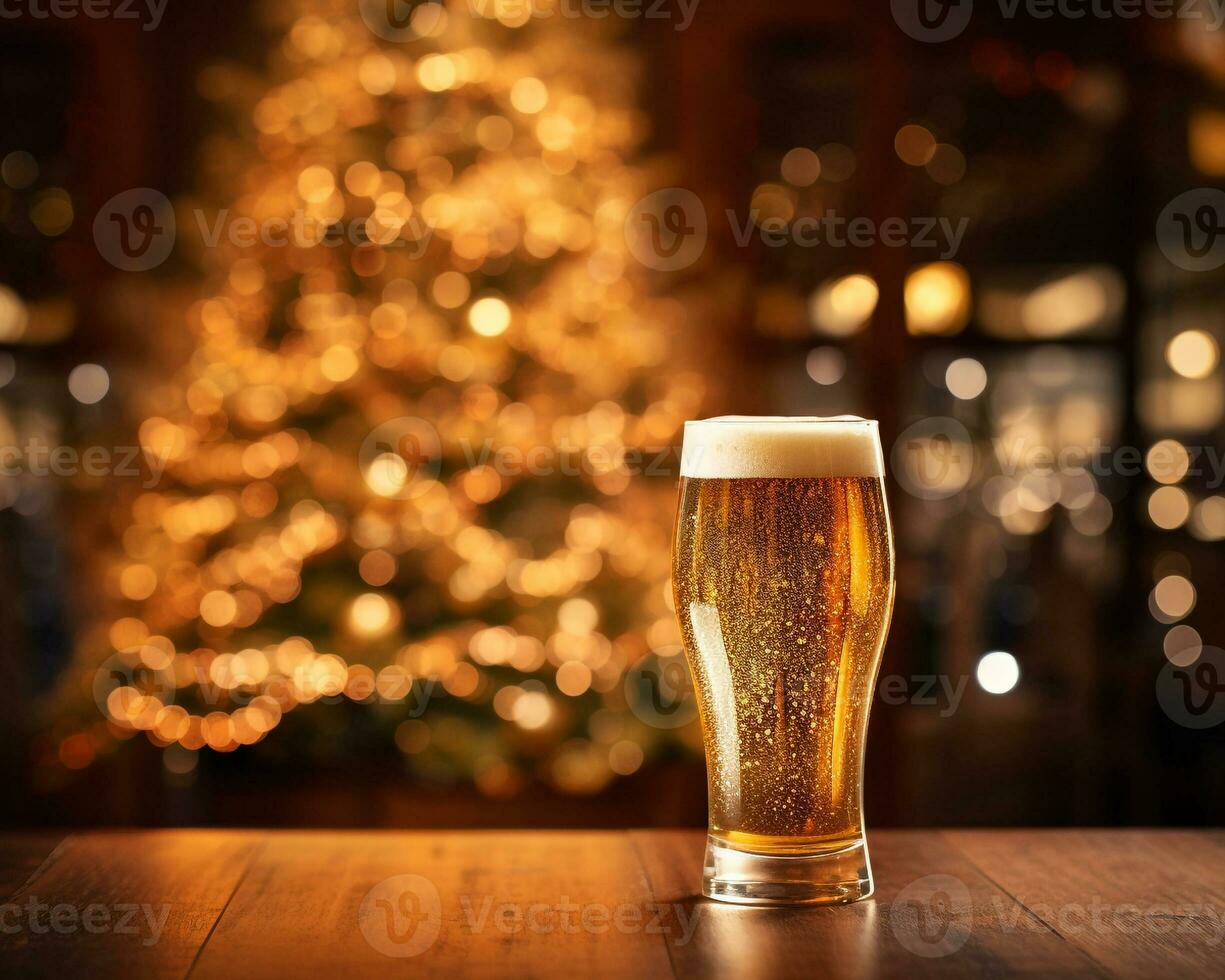 A beer glass stands next to a christmas tree, christmas image, photorealistic illustration photo