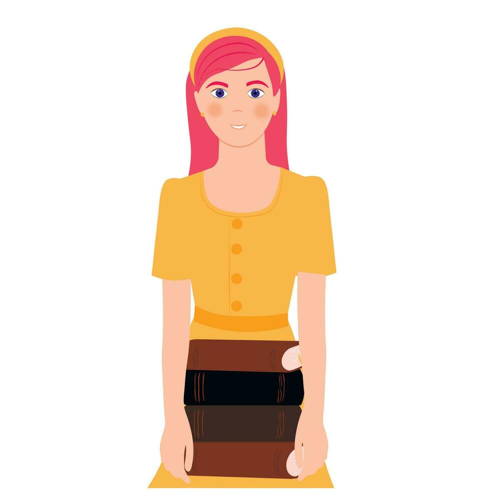 A young girl with a stack of textbooks in her hands. A student with pink hair. Vector illustration. Isolated on a white background. Concept of education, reading, back to school.