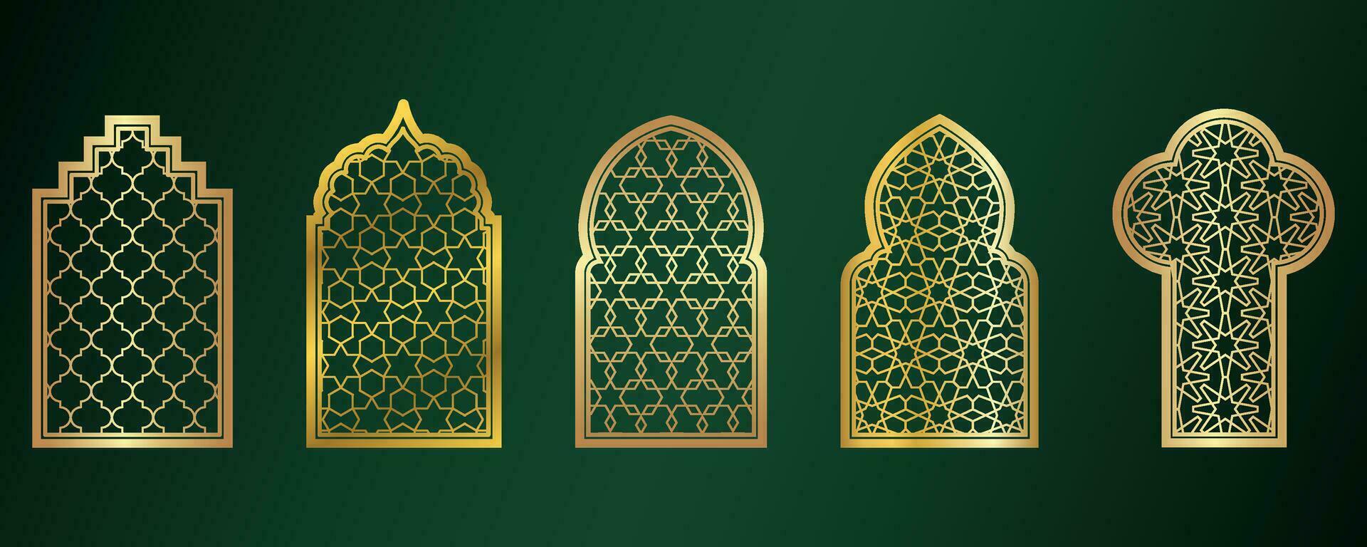 Golden amadan windows. Islamic door frames with ornament. Arabic mosque arch on green background. Islamic vector decoration