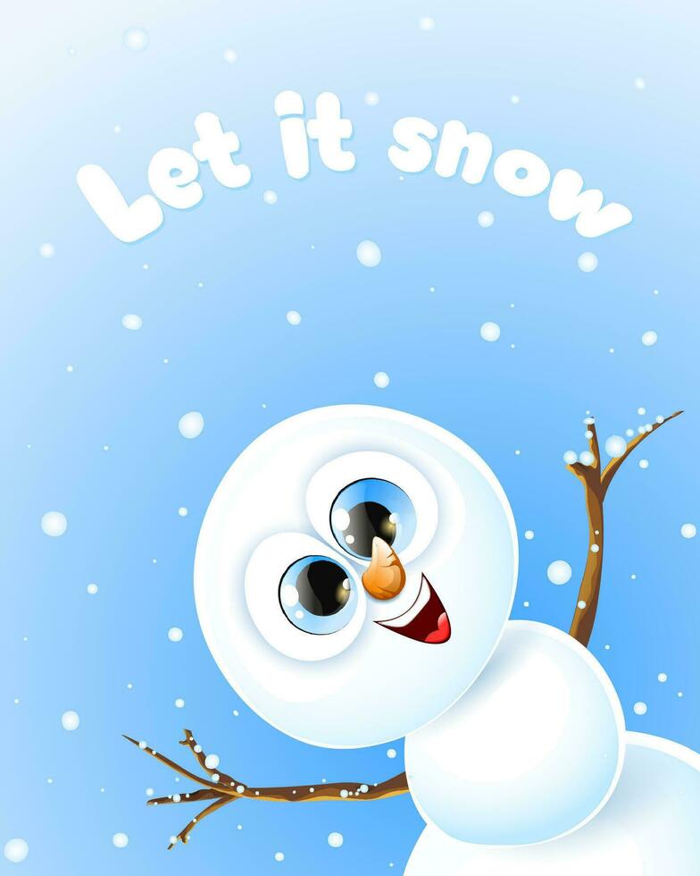 Cute happy snowman with raised hands up and enjoys the winter snowfall. vector