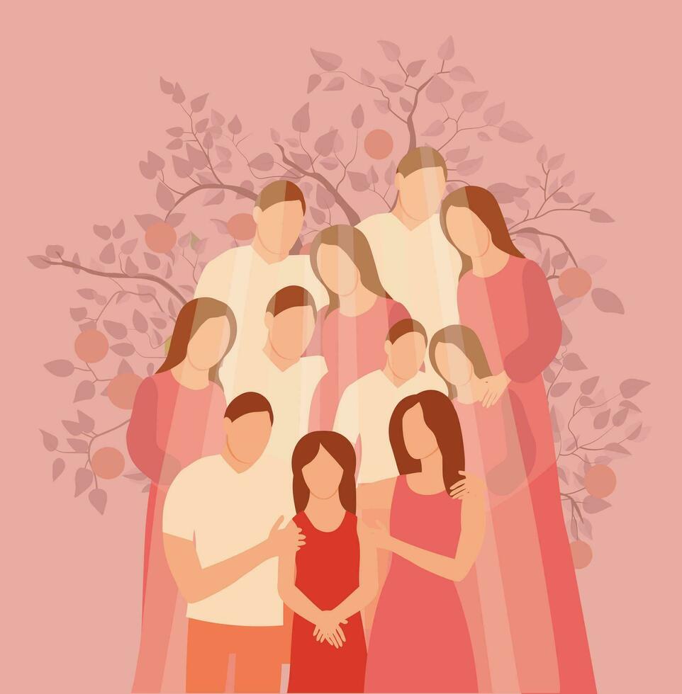 The connection of generations, genus. Poster vector illustration. family ties, support and love. Daughter, mother, sister, grandmother, father, grandfather, great grandfather, great grandmother.