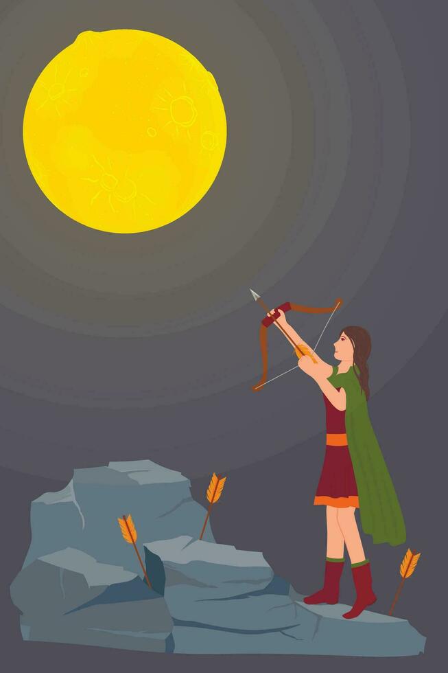 Striving for a goal. A girl shoots an arrow. Get to the moon. Planning. Vector illustration.