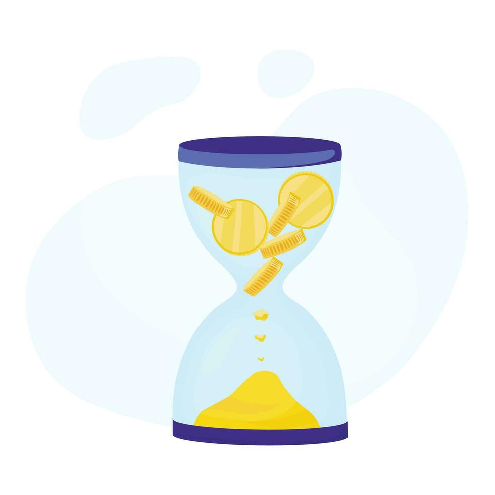 An hourglass with gold coins and sand. Vector stock illustration. Business concept. Time is money. Isolated on a white background.