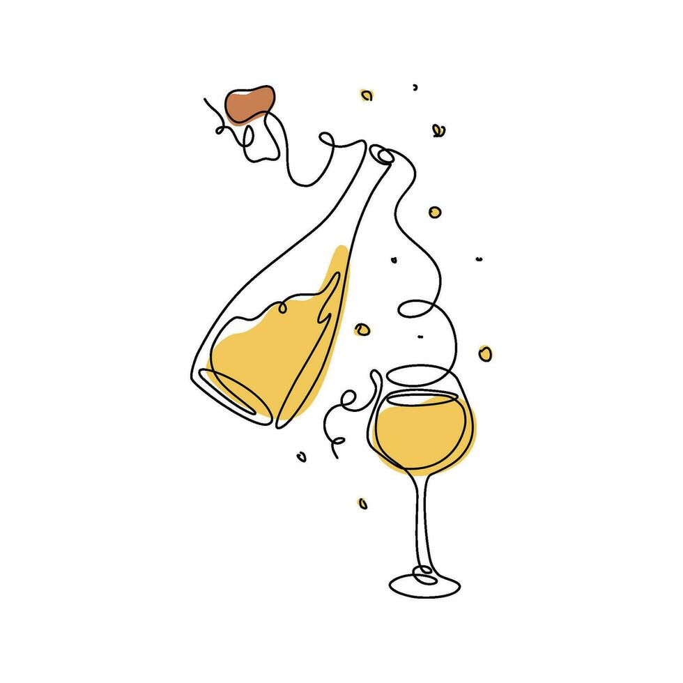 continuo línea dibujo vaso de espumoso vino, botella y corcho. nacional Prosecco día. línea Arte estilo ilustración de alcohólico bebida para menú, tarjeta, logo. vector