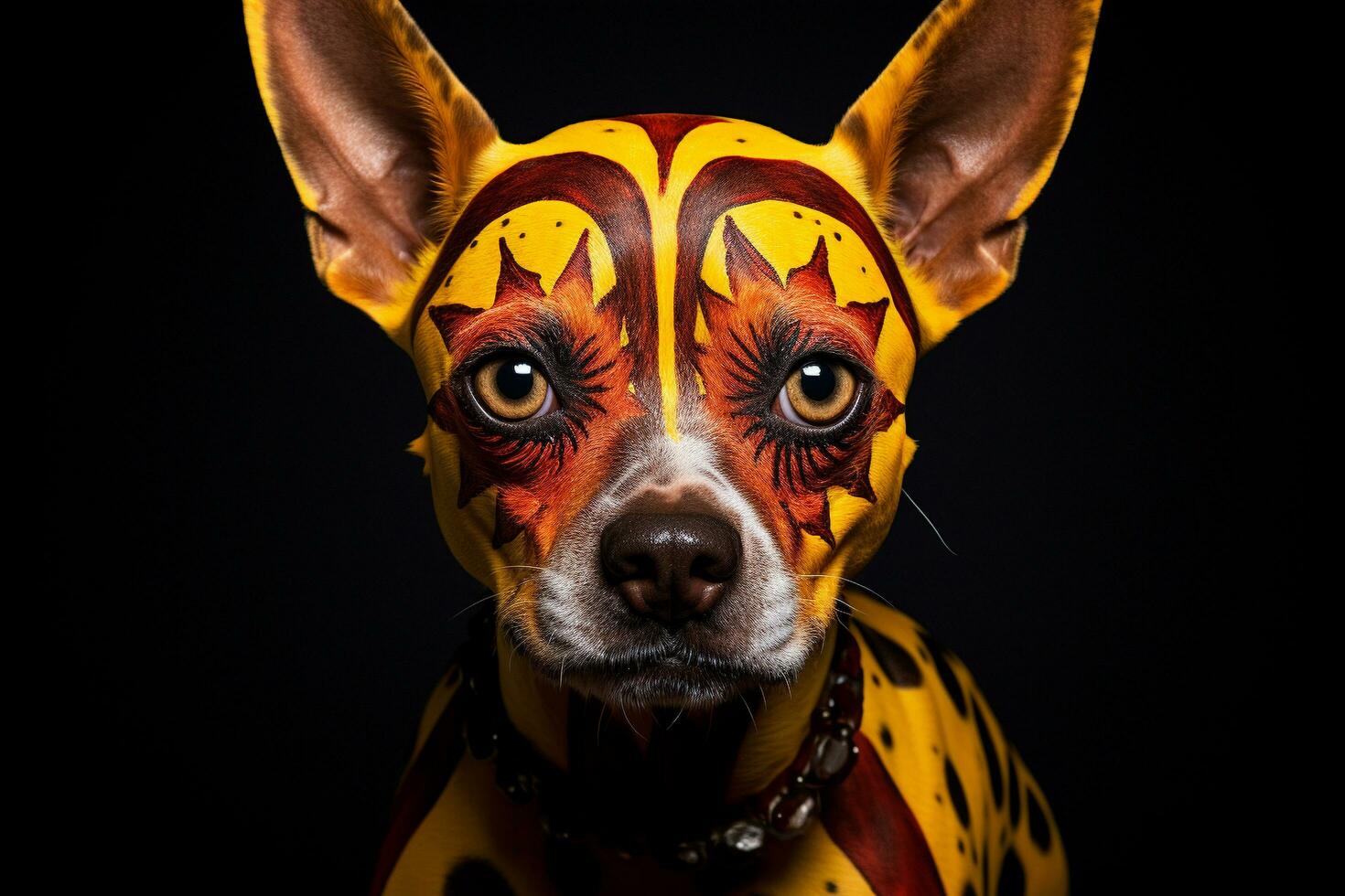 A close-up of a dog with Halloween makeup in front of a dark background, Generative AI photo