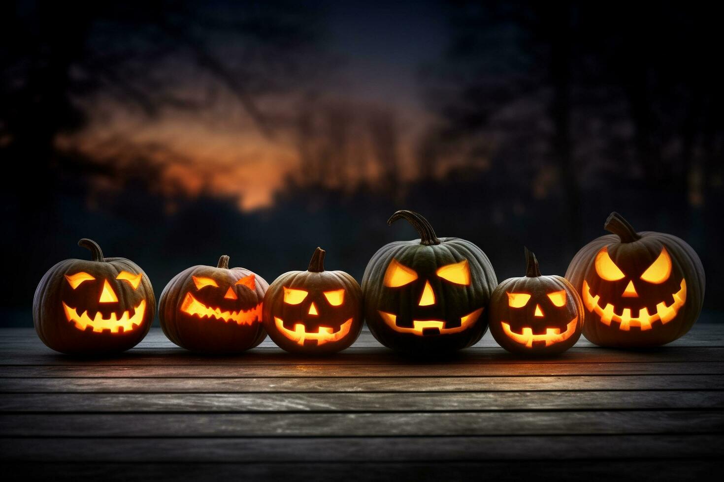 A group of pumpkins on a wooden table with blurry dark forest background, Halloween, Generative AI photo