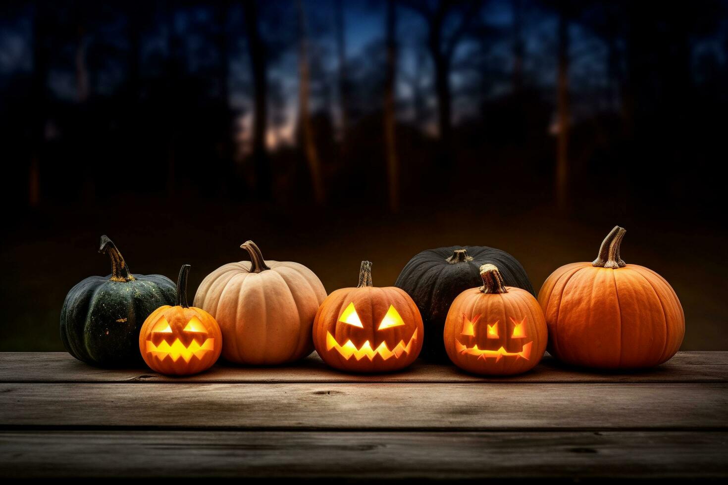 A group of pumpkins on a wooden table with blurry dark forest background, Halloween, Generative AI photo
