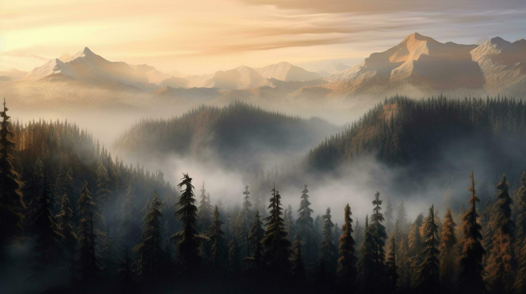 A mountains forest filled with lots of trees covered in fog, wallpaper, Generative AI photo