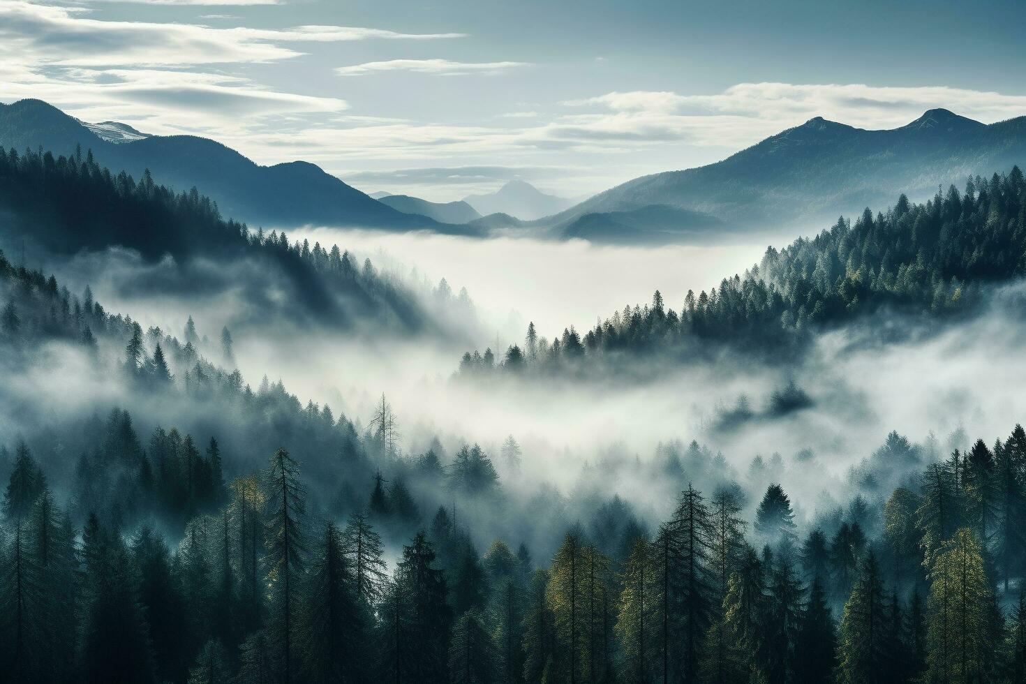 A mountains forest filled with lots of trees covered in fog, wallpaper, Generative AI photo