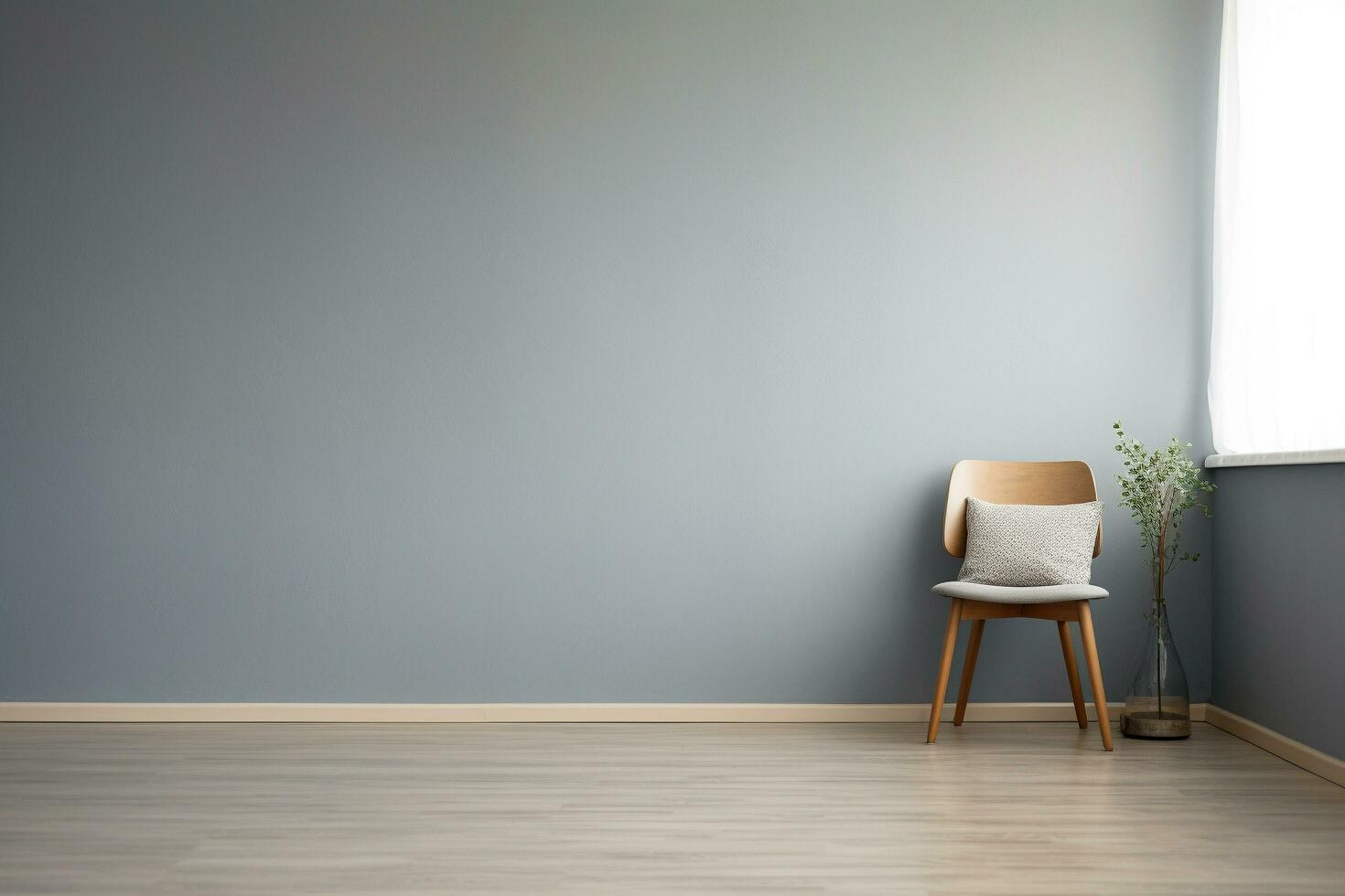 A room with a gray wall and a wooden floor. The room is empty except for a chair, Generative AI photo