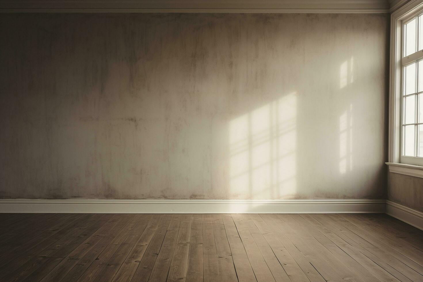 An empty room with a wooden floor. and a soft shadow coming from the window, Generative AI photo
