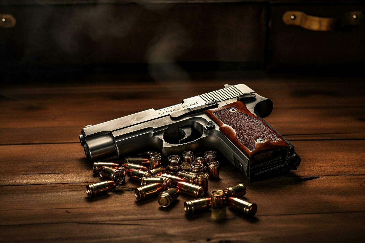 Generative AI, revolver gun with bullets isolated on wooden background, hand gun with ammunition, pistol military weapon photo