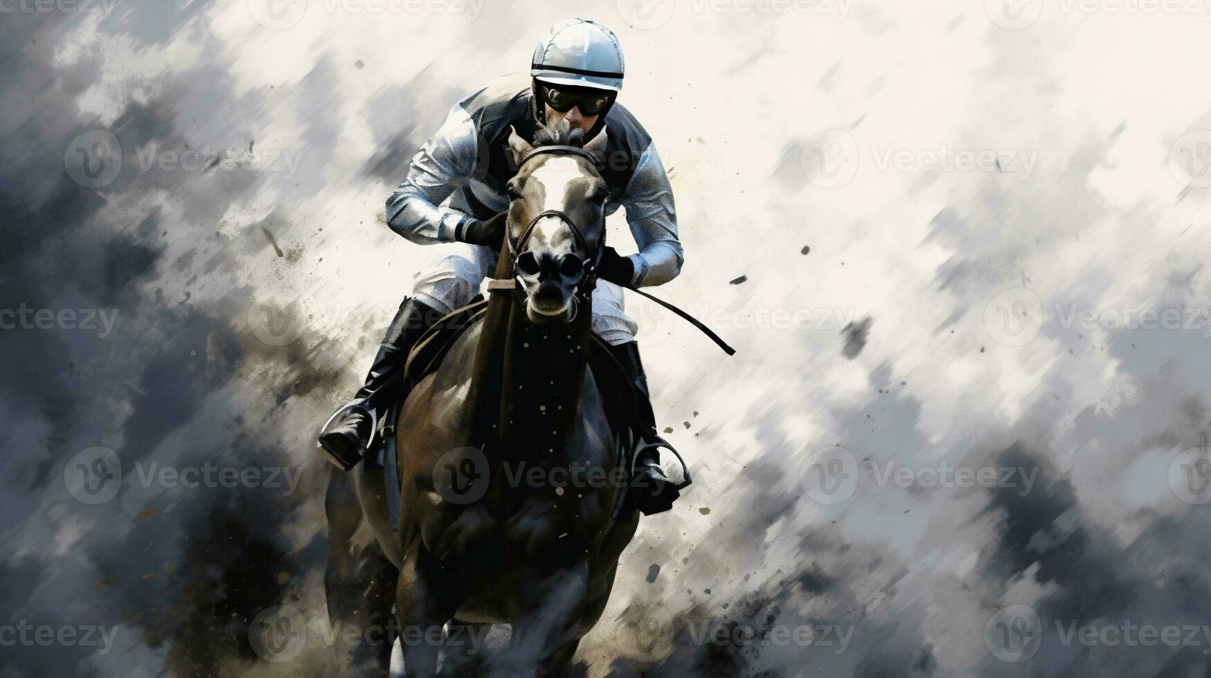 generativo ai, tinta pintado carreras caballo con jockey, ecuestre deporte, monocromo ilustración foto