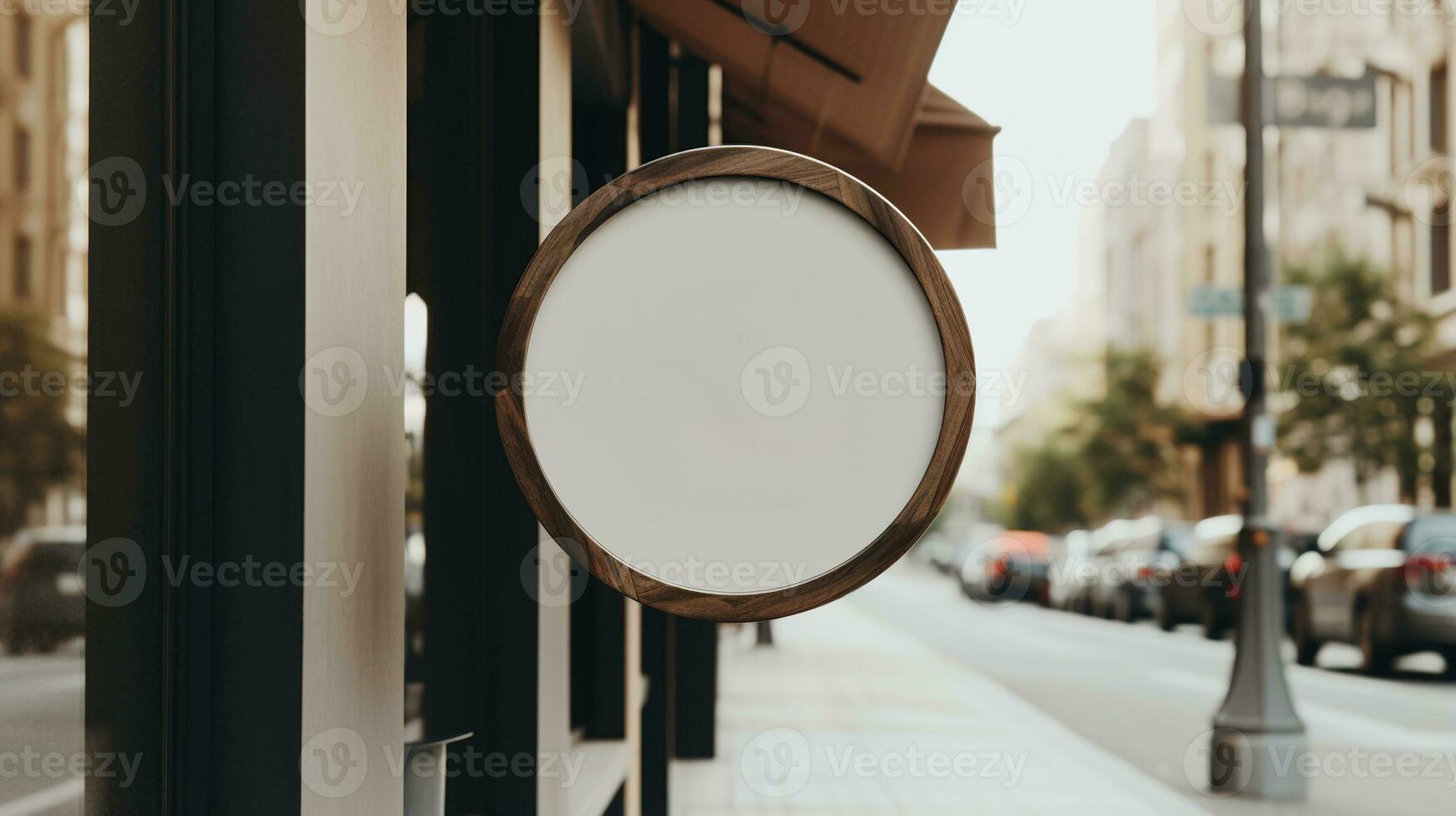 generativo ai, café tienda calle letrero burlarse de arriba para logo diseño, marca presentación, estético apagado neutral colores, en el pared al aire libre foto