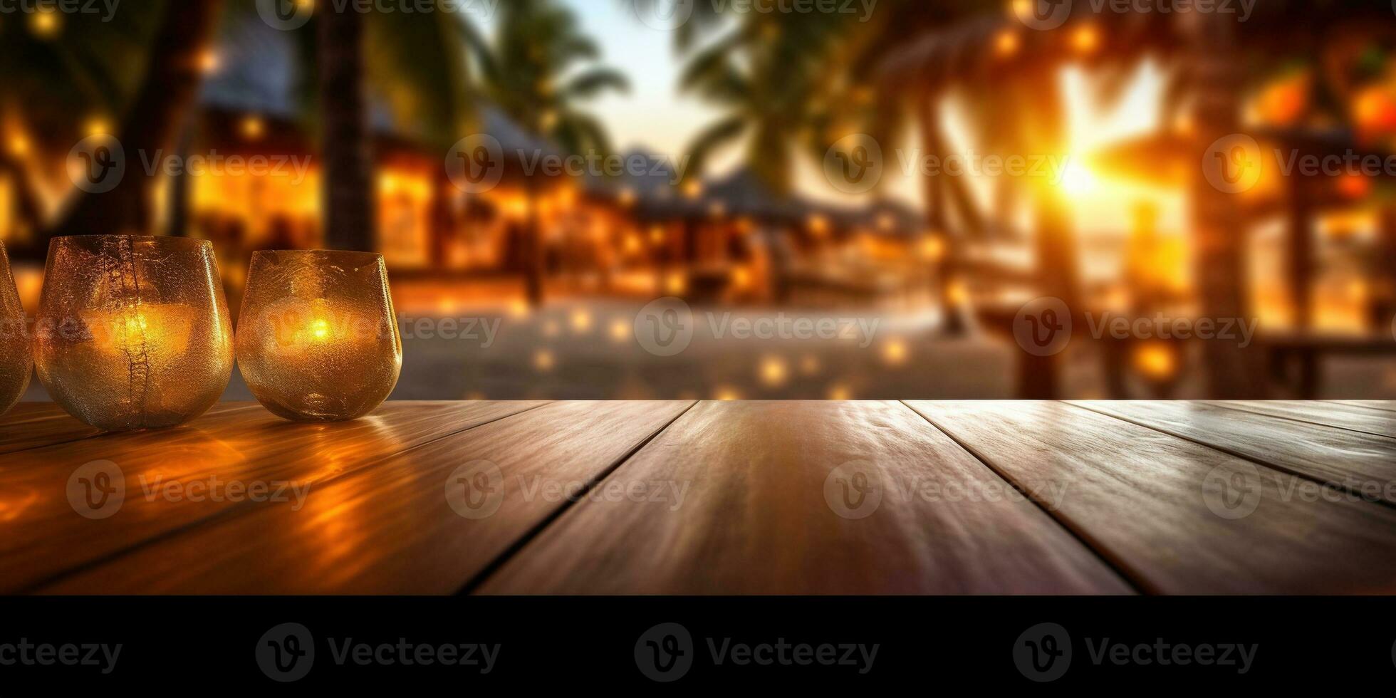 Generative AI, Tropical summer sunset beach bar background. Wooden table top product display showcase empty stage. photo