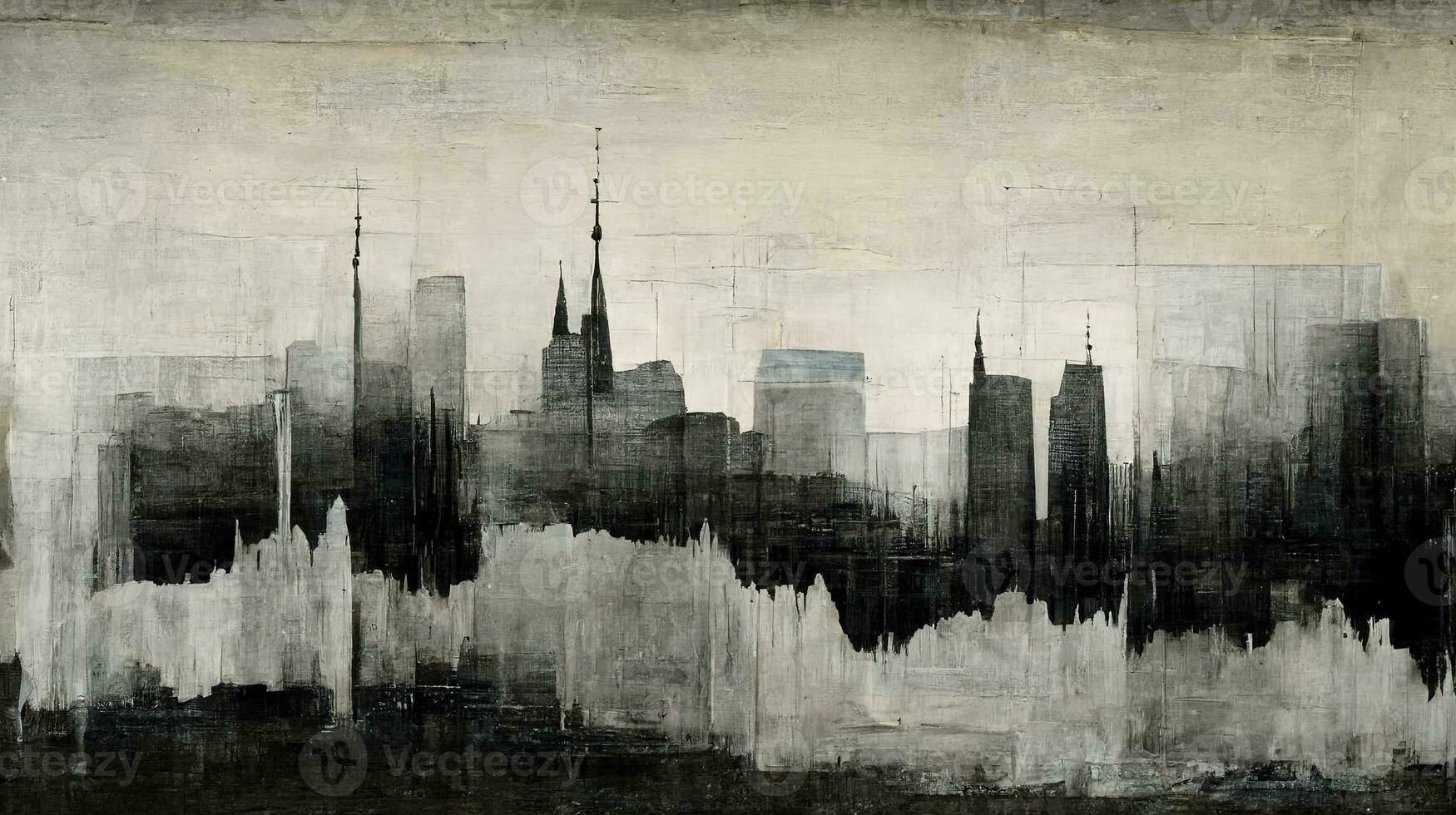 Generative AI, Black watercolor abstract cityscape painted background. Ink black street graffiti art on a textured paper vintage background, washes and brush strokes. photo