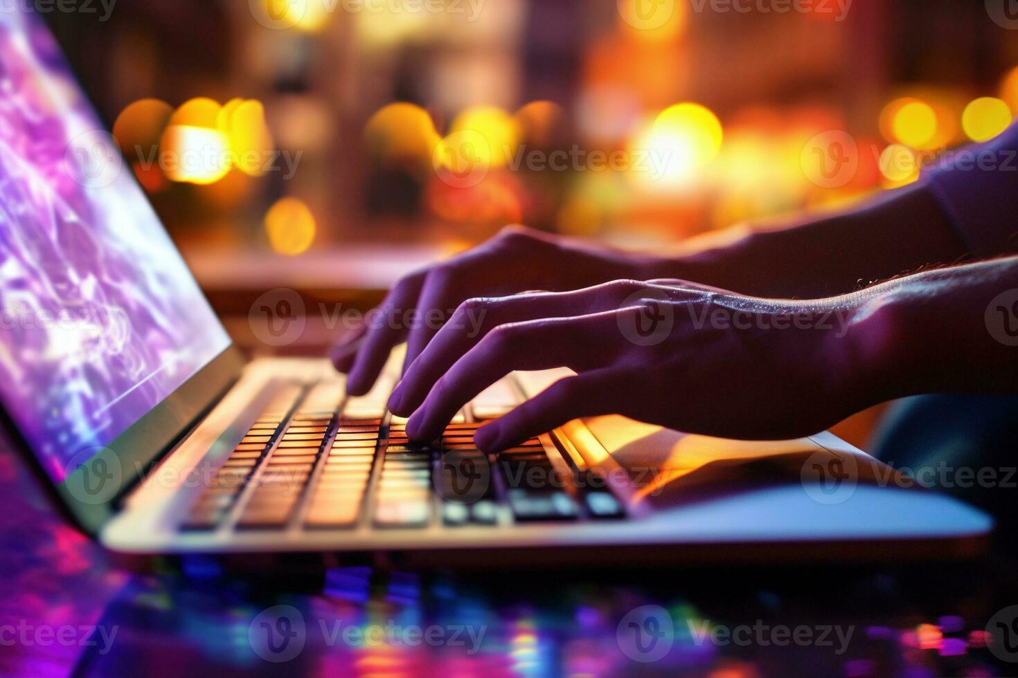 Generative AI, Typing on keyboard closeup, shot hands using laptop computer and internet photo