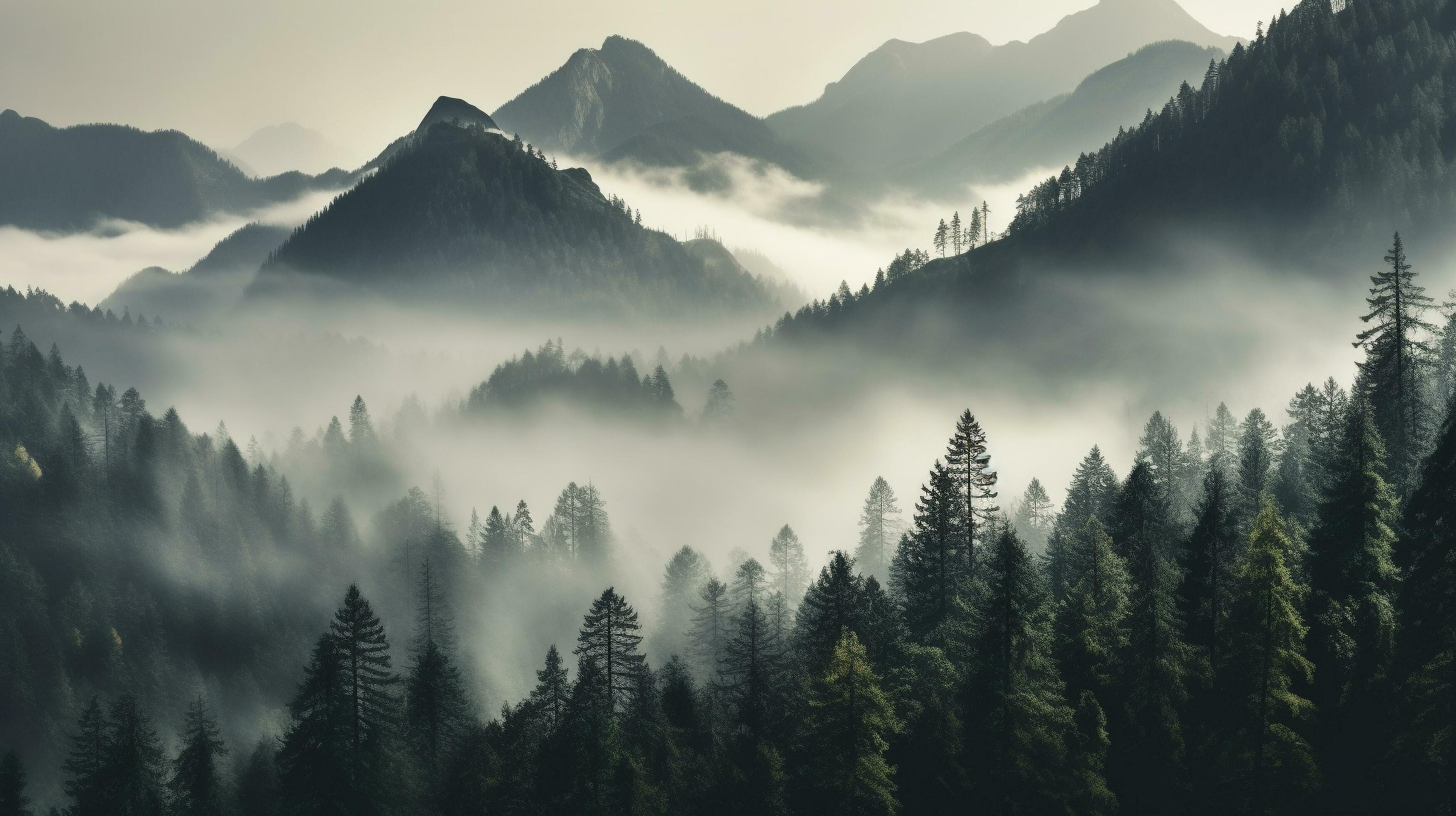 A mountains forest filled with lots of trees covered in fog