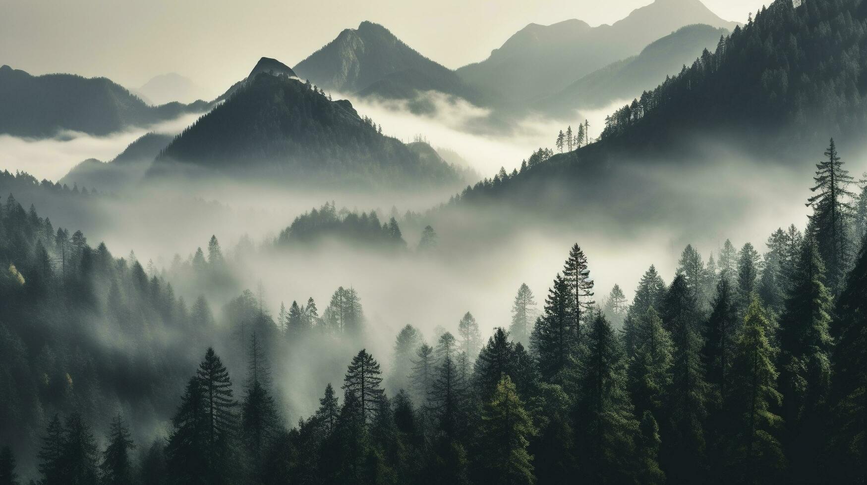 A mountains forest filled with lots of trees covered in fog, wallpaper, Generative AI photo