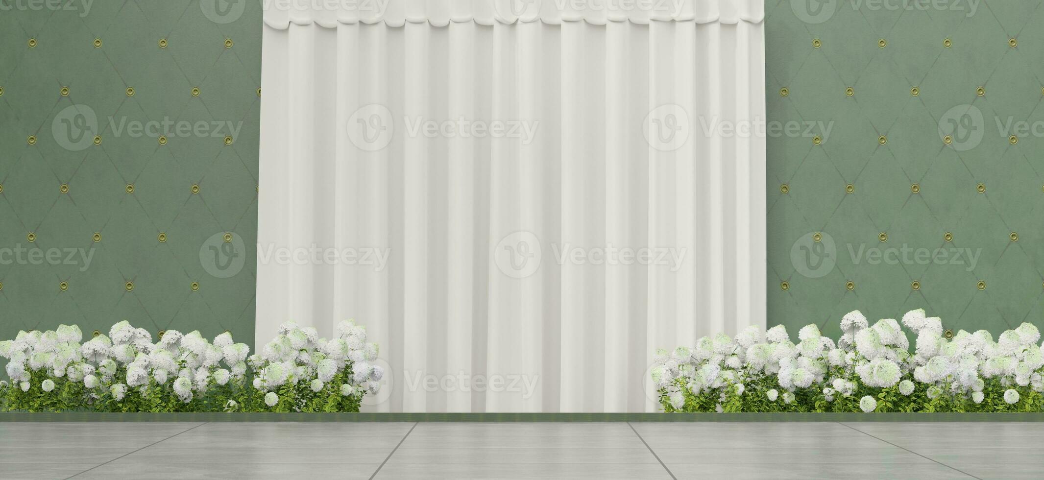 wedding scene Decorated with white flowers performance stage backdrop 3d illustration photo