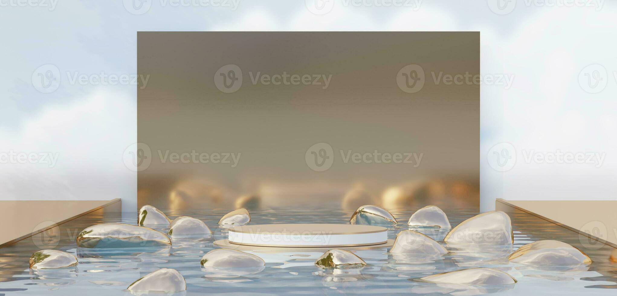Round podium on water surface zen japanese style podium background minimalist zen marble and gold material Floating rocks 3D illustration photo