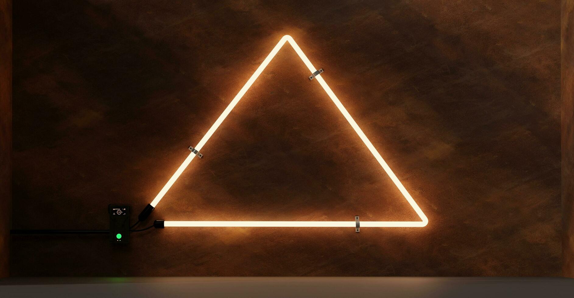 Abandoned factory old warehouse triangular neon sign Brick wall and sign frame neon lights on cement wall Message frame on brick wall Illuminated sign 3d illustration photo