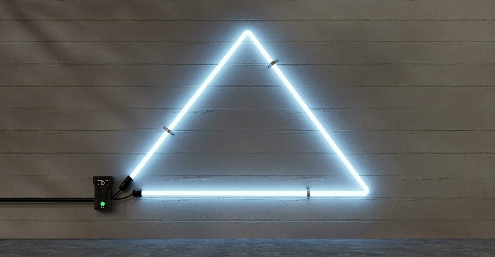 Abandoned factory old warehouse triangular neon sign Brick wall and sign frame neon lights on cement wall Message frame on brick wall Illuminated sign 3d illustration photo
