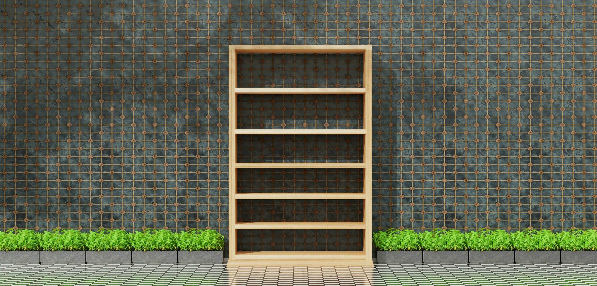 An empty bookshelf was placed in the middle of the room shelf in the room Floor and wall screens 3D illustration photo