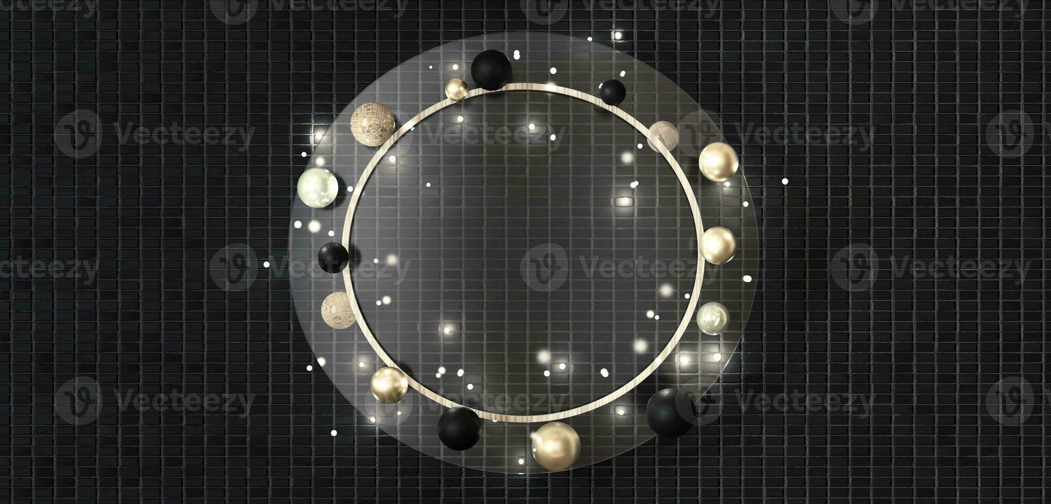 Circular glass frame for messages and pictures with beads and pearls around Modern decorative background 3d illustration photo