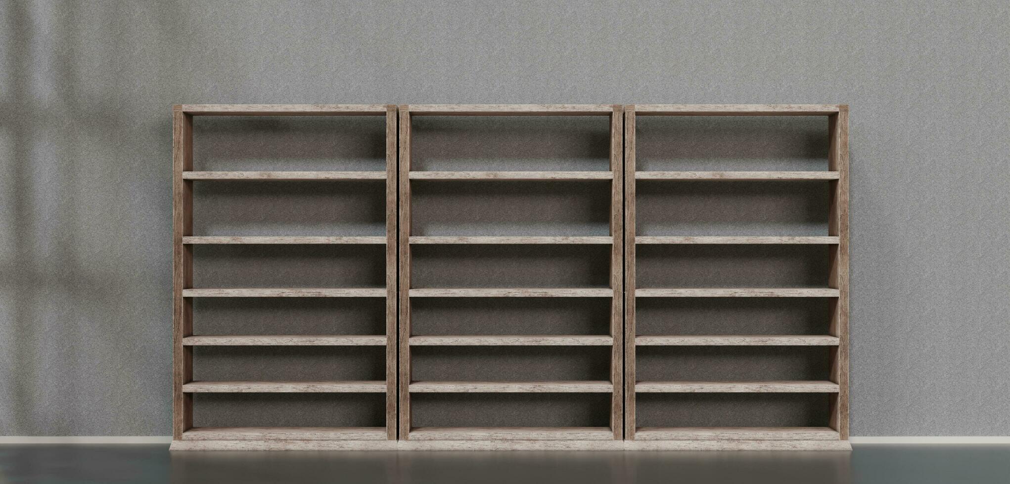 An empty bookshelf was placed in the middle of the room shelf in the room Floor and wall screens 3D illustration photo