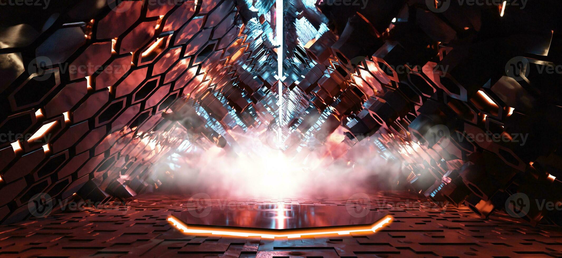 Triangle technology tunnel corridor on spacecraft Futuristic Space and Sci Fi Corridor Room Showcase Lighting Beam Tunnel Modern Future Showroom Floor and Wall Technology 3D Background photo