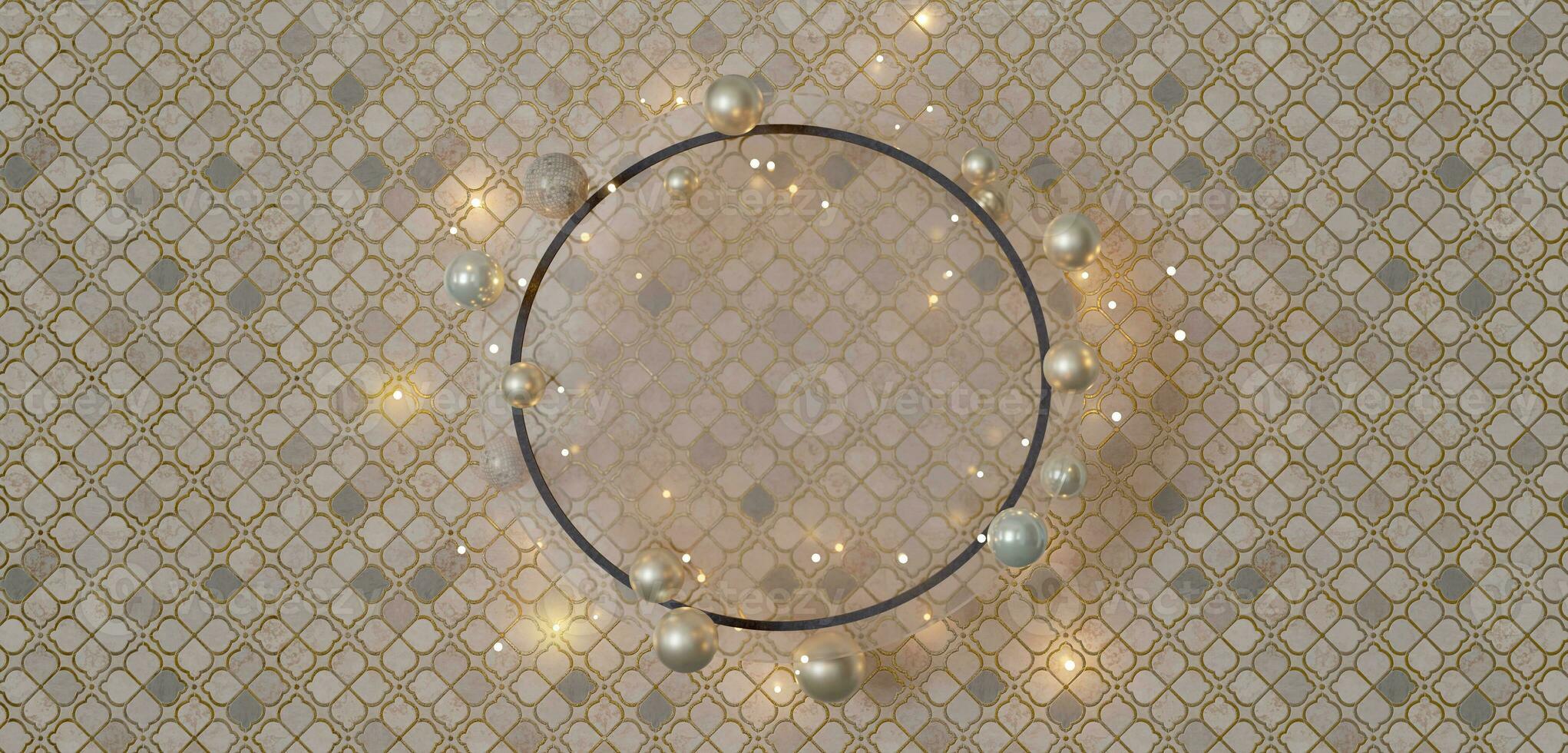 Circular glass frame for messages and pictures with beads and pearls around Modern decorative background 3d illustration photo