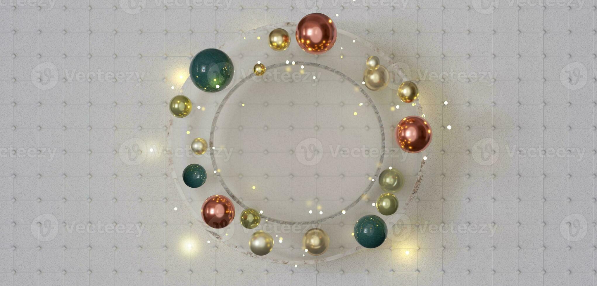 Circular glass frame for messages and pictures with beads and pearls around Modern decorative background 3d illustration photo