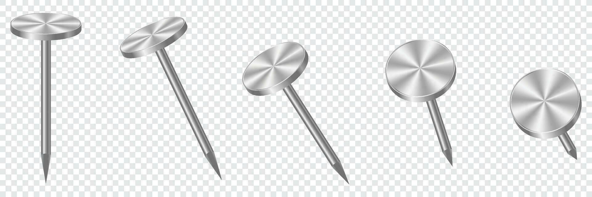 Realistic 3d metal nails. Nail metal. Realistic set of metal pins. Metallic hardware vector set. Vector illustration