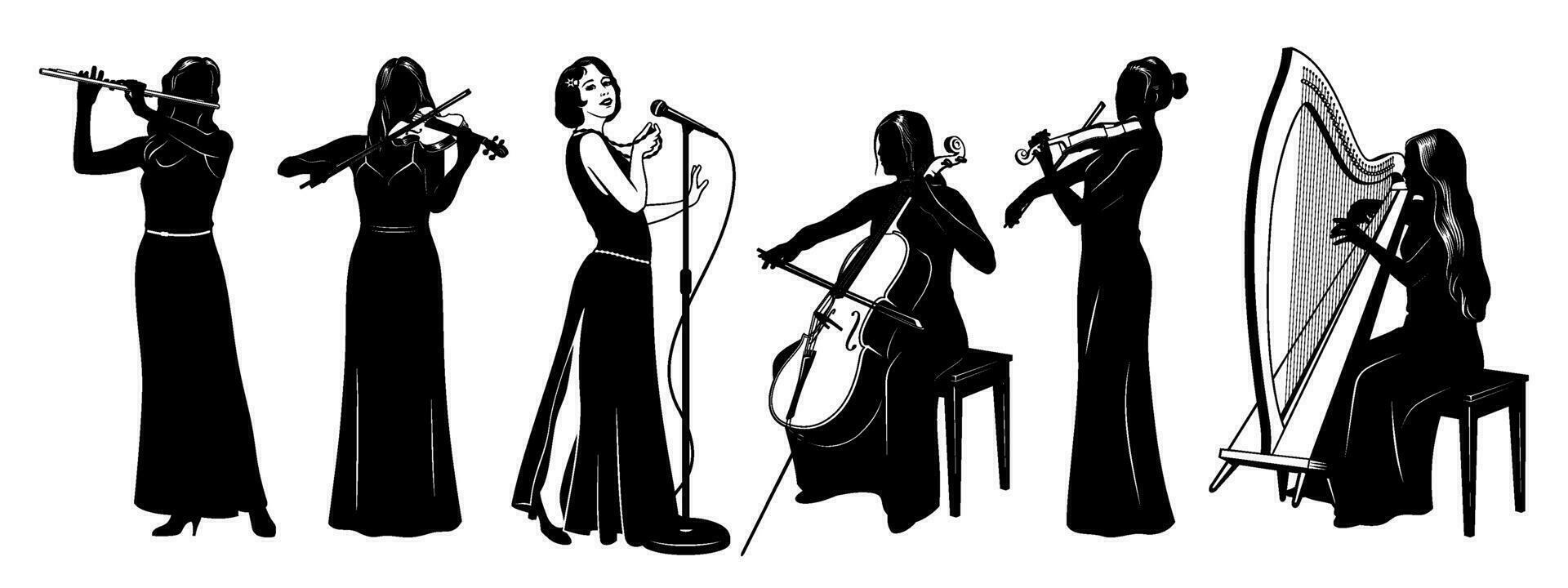 mujer música banda con vocalista. siluetas colocar. mujer cantando, jugando en violines, violonchelo, céltico arpa y flauta gente y clásico música. vector clipart aislado en blanco.