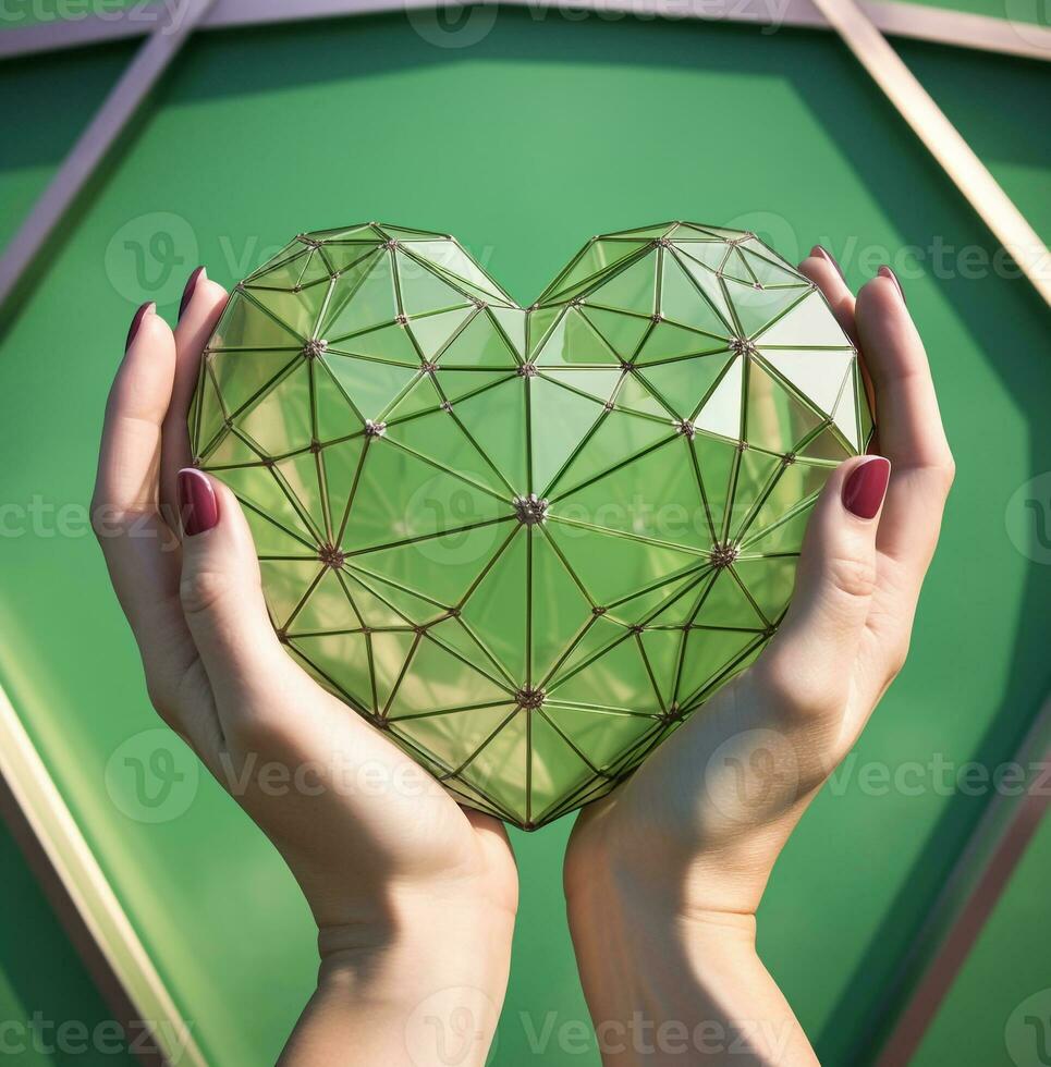 un hembra mano muestra un corazón forma en un verde antecedentes con un cruzar en él, médico valores imágenes foto