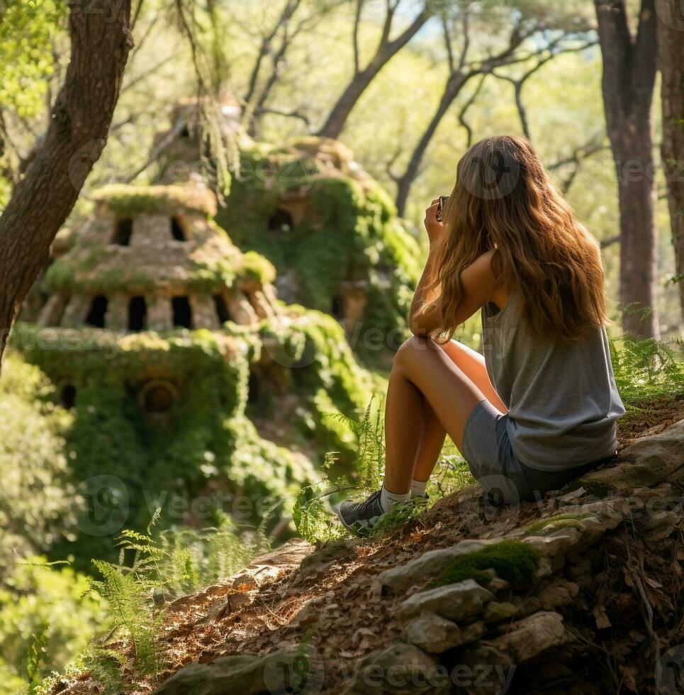 Young woman taking pictures in the forest, wanderlust travel stock images, travel stock photos wanderlust