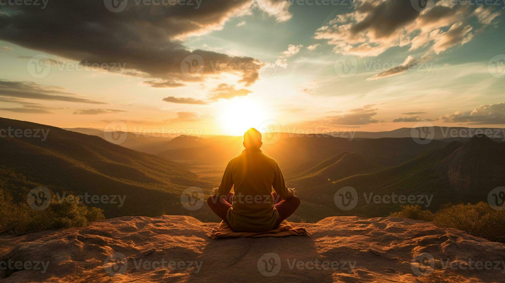 A person sitting cross-legged on a mountaintop, mental health images, photorealistic illustration photo