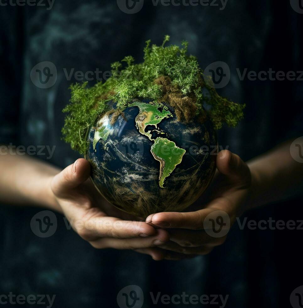 A person's hand holding a green globe, nature stock photo