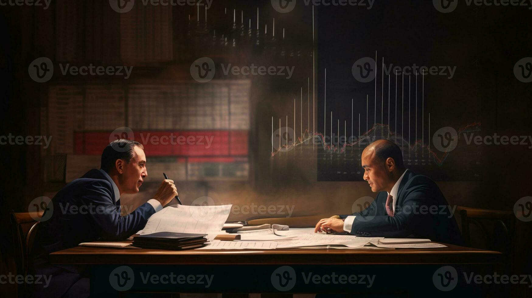 Two faces of businessmen meeting by table with graph sheet in front of them, business and marketing stock photos
