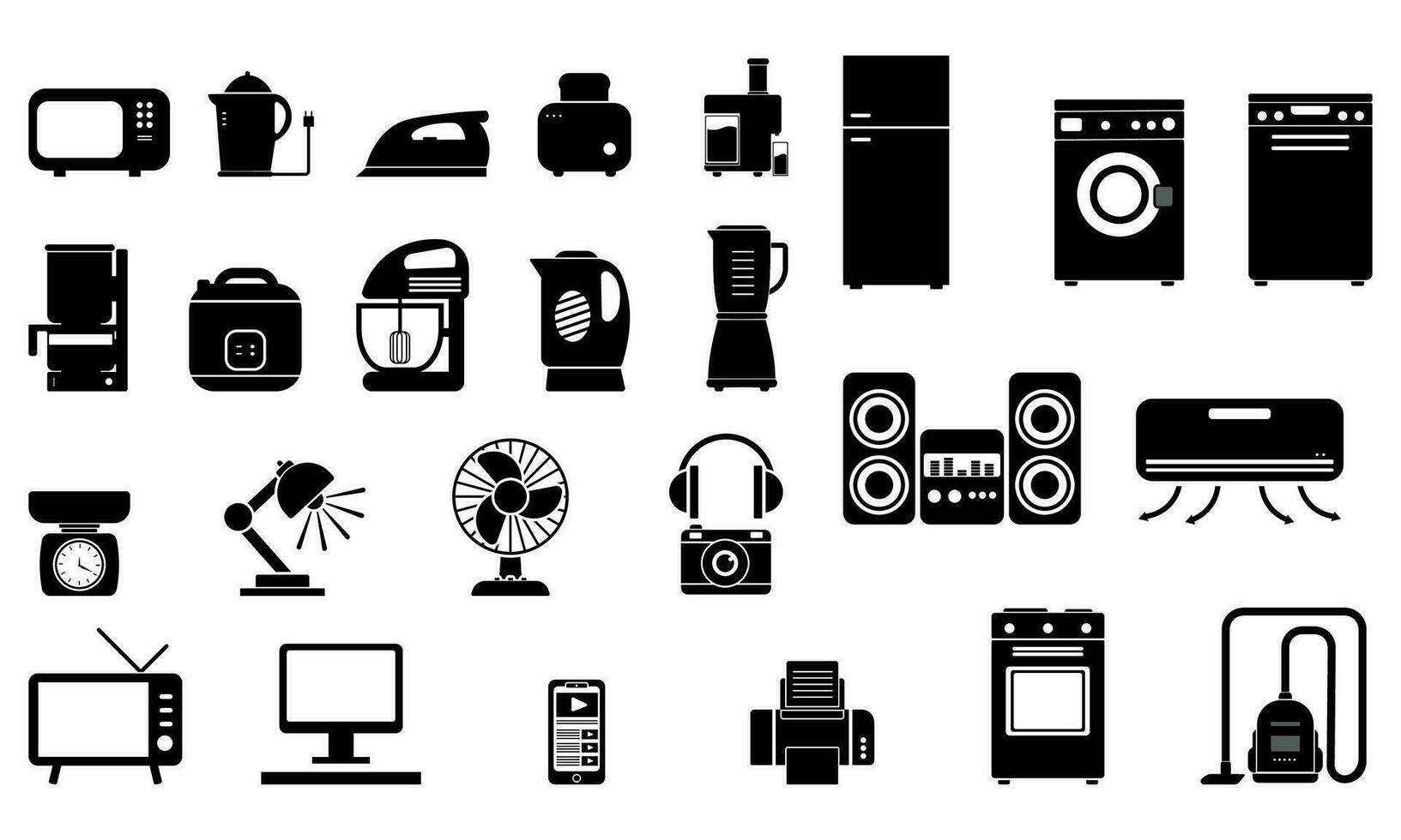 Collection of vector illustrations of silhouettes of household electrical equipment