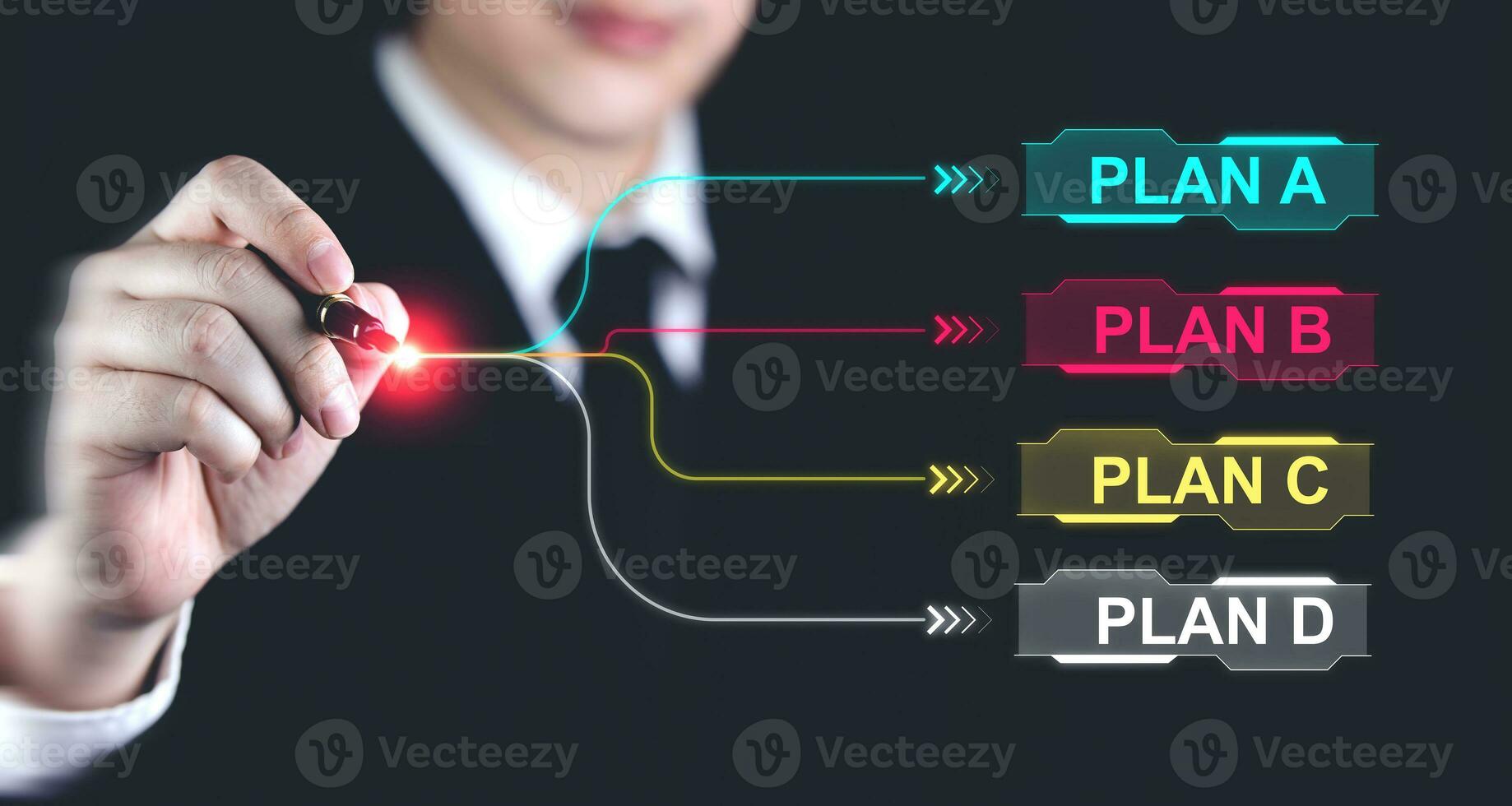 Businessman shows virtual plan to make appropriate choice. Business concepts for strategic planning and options for the most efficient operations. photo