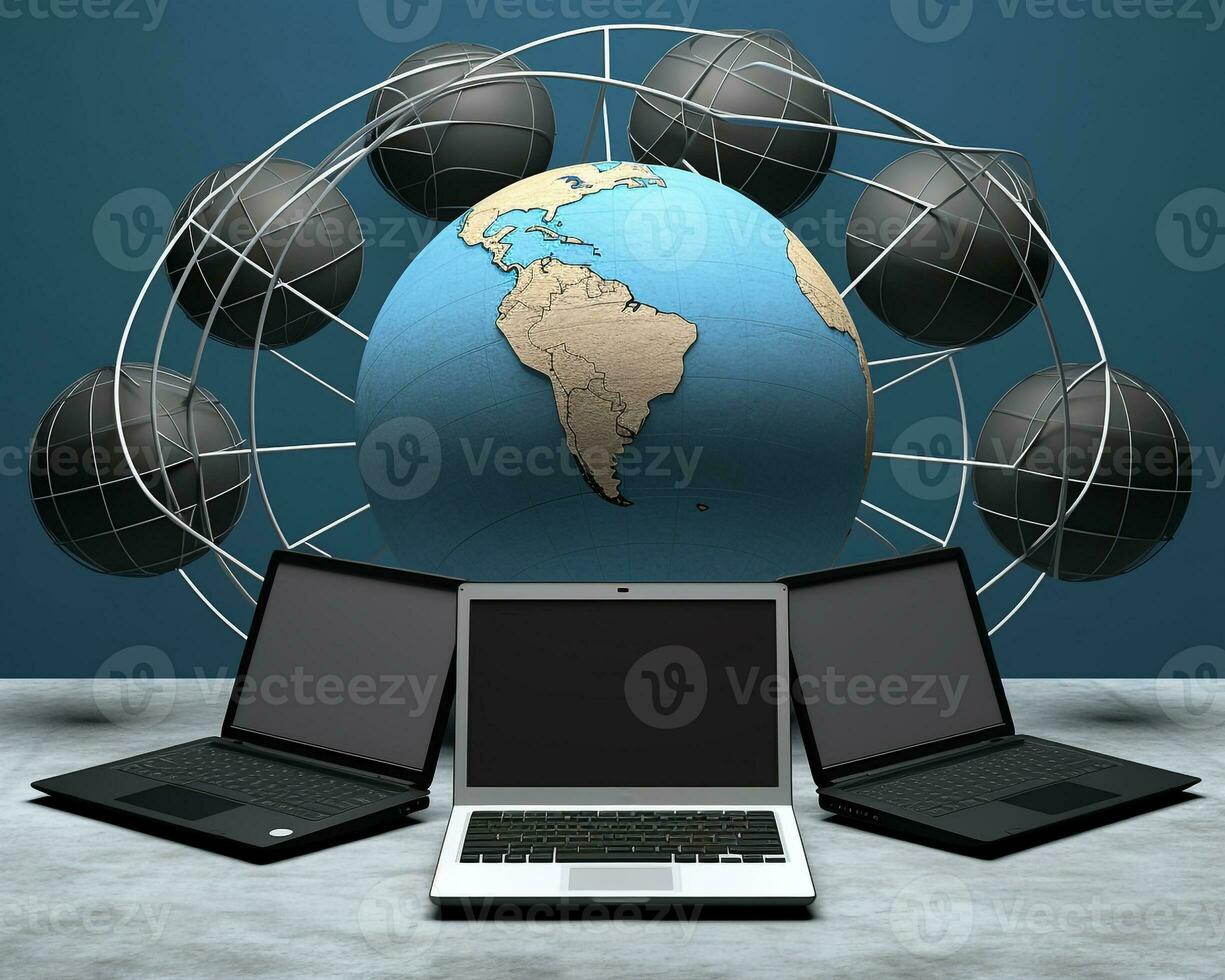 A blackboard and five laptops sitting next to a globe, international internet day stock photos